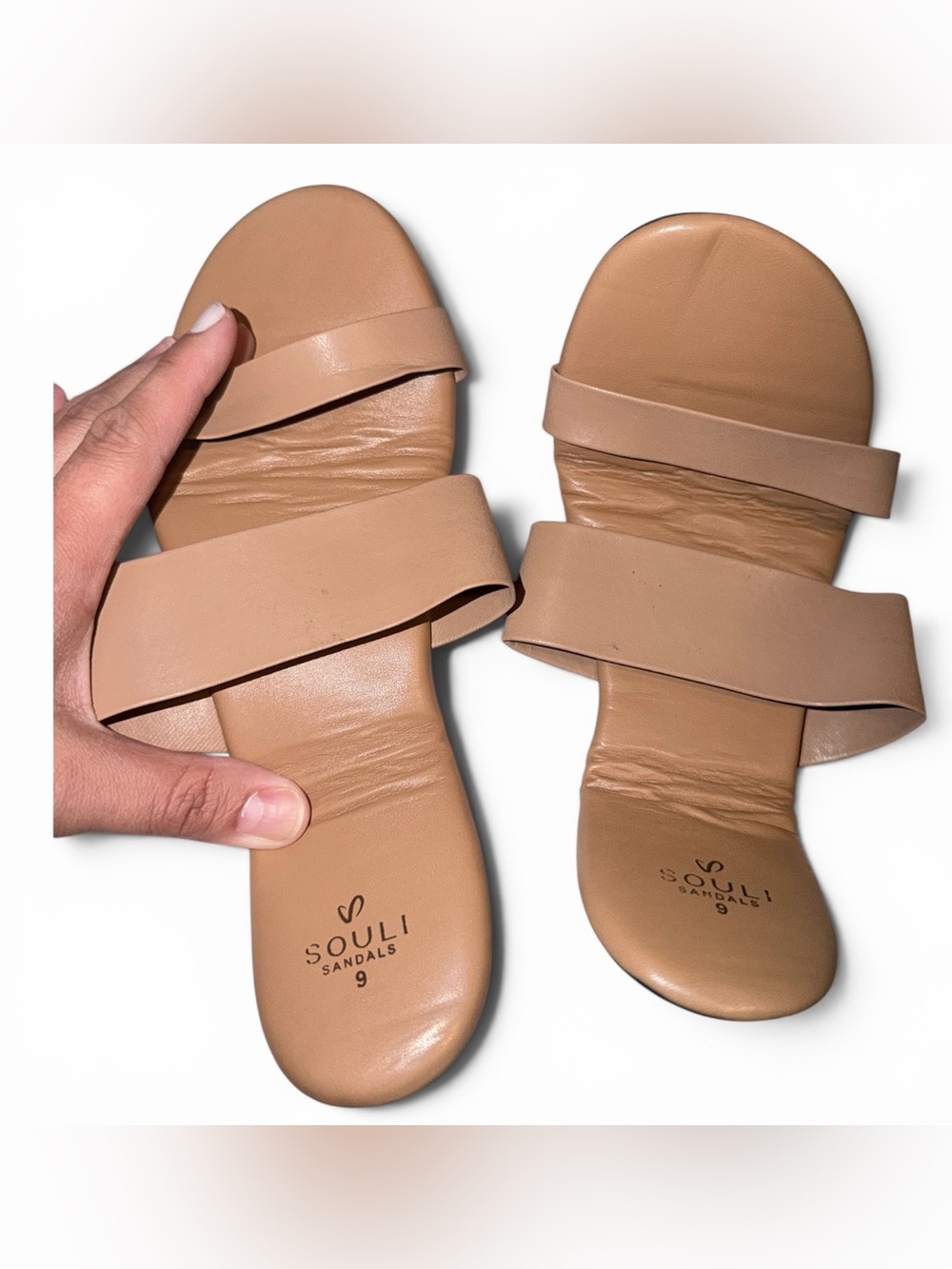 Women's Nude/Tan Double-Strap Slide Travel Sandals with carrying case